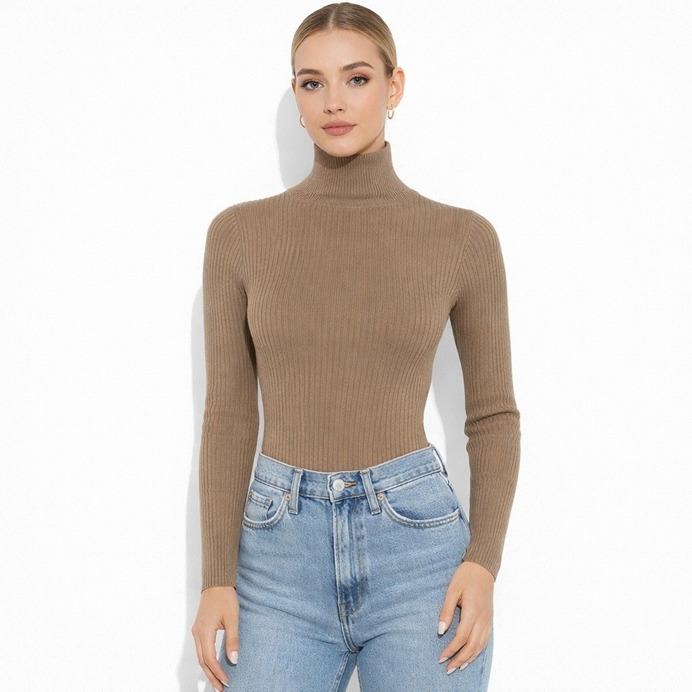 NWT Love Tree Chic and Cozy Ribbed Bodysuit Solid Turtleneck Taupe Basic Size S